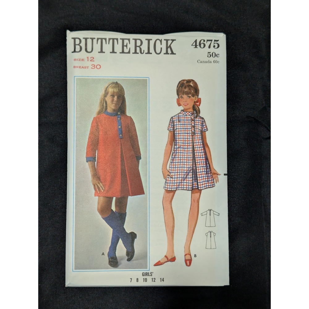 VTG 1968 Butterick 4675 Kids Girls Dress Size 12 Uncut Mod Sewing Pattern